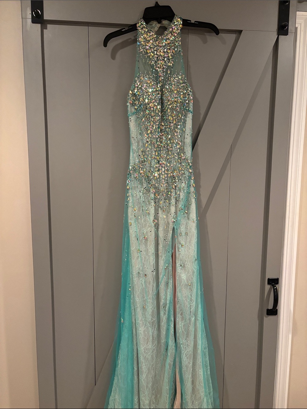 Embellished Aqua Halter Evening Gown